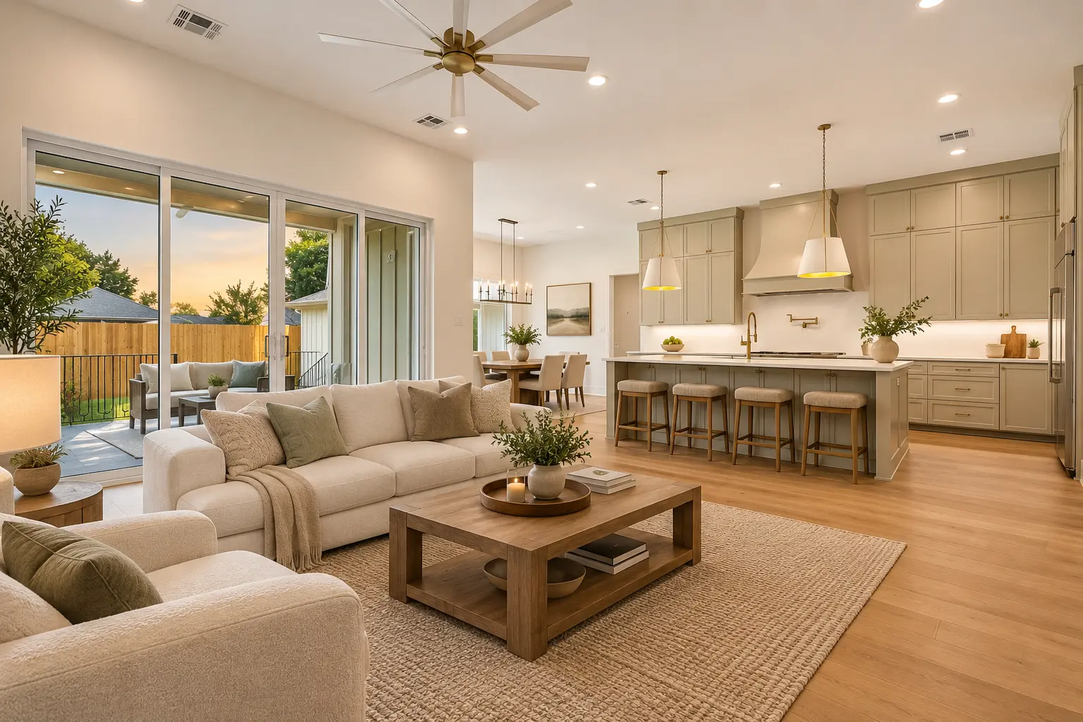 Open-concept living room and kitchen with sunset views