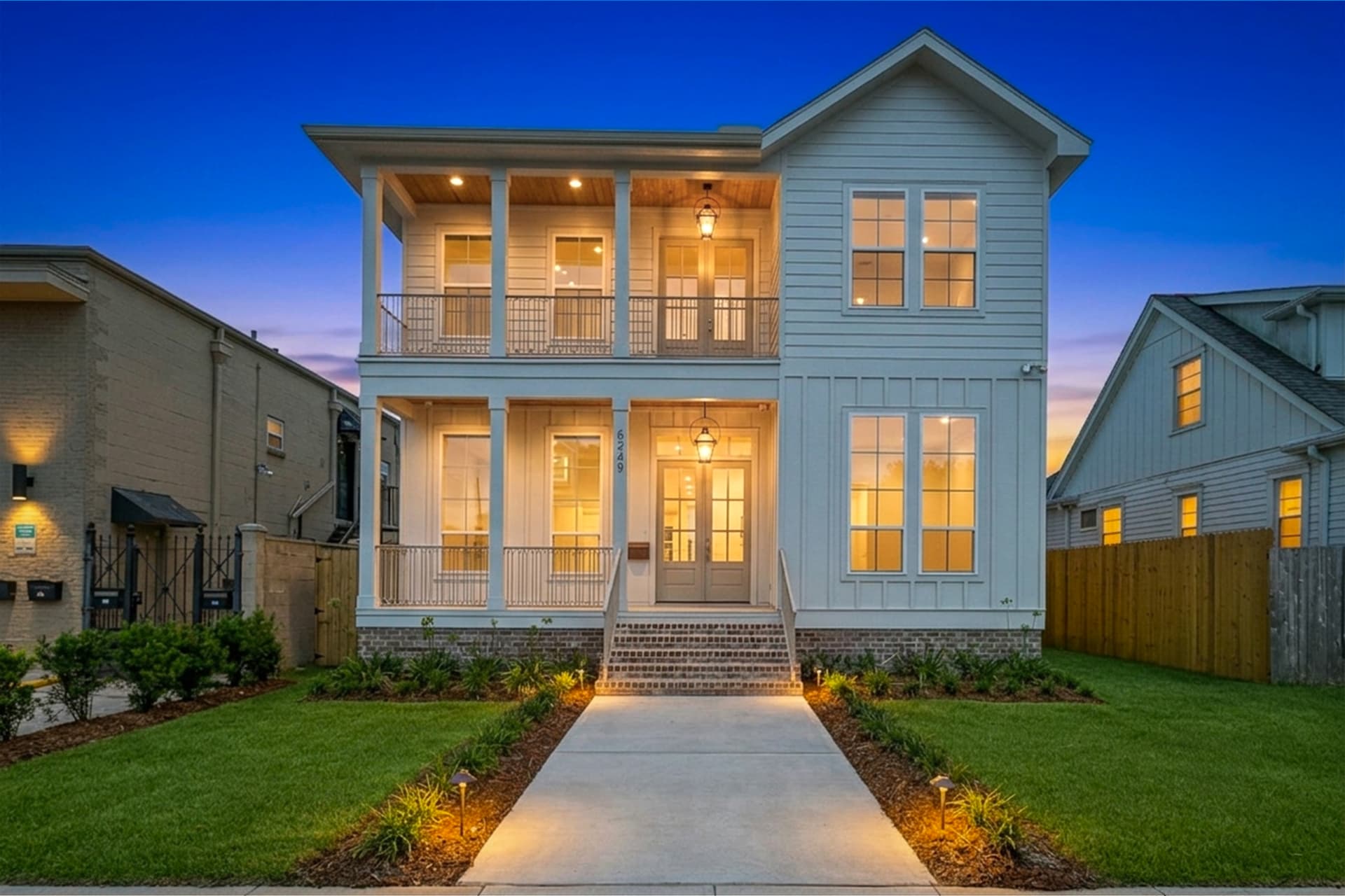 Custom home exterior at twilight
