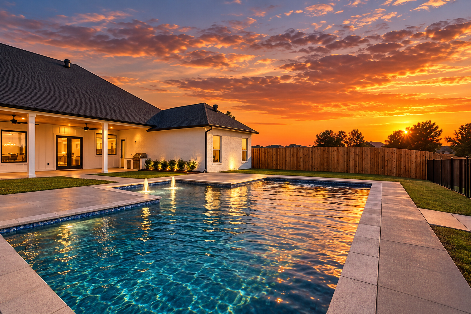 Backyard pool with fountain jets at sunset
