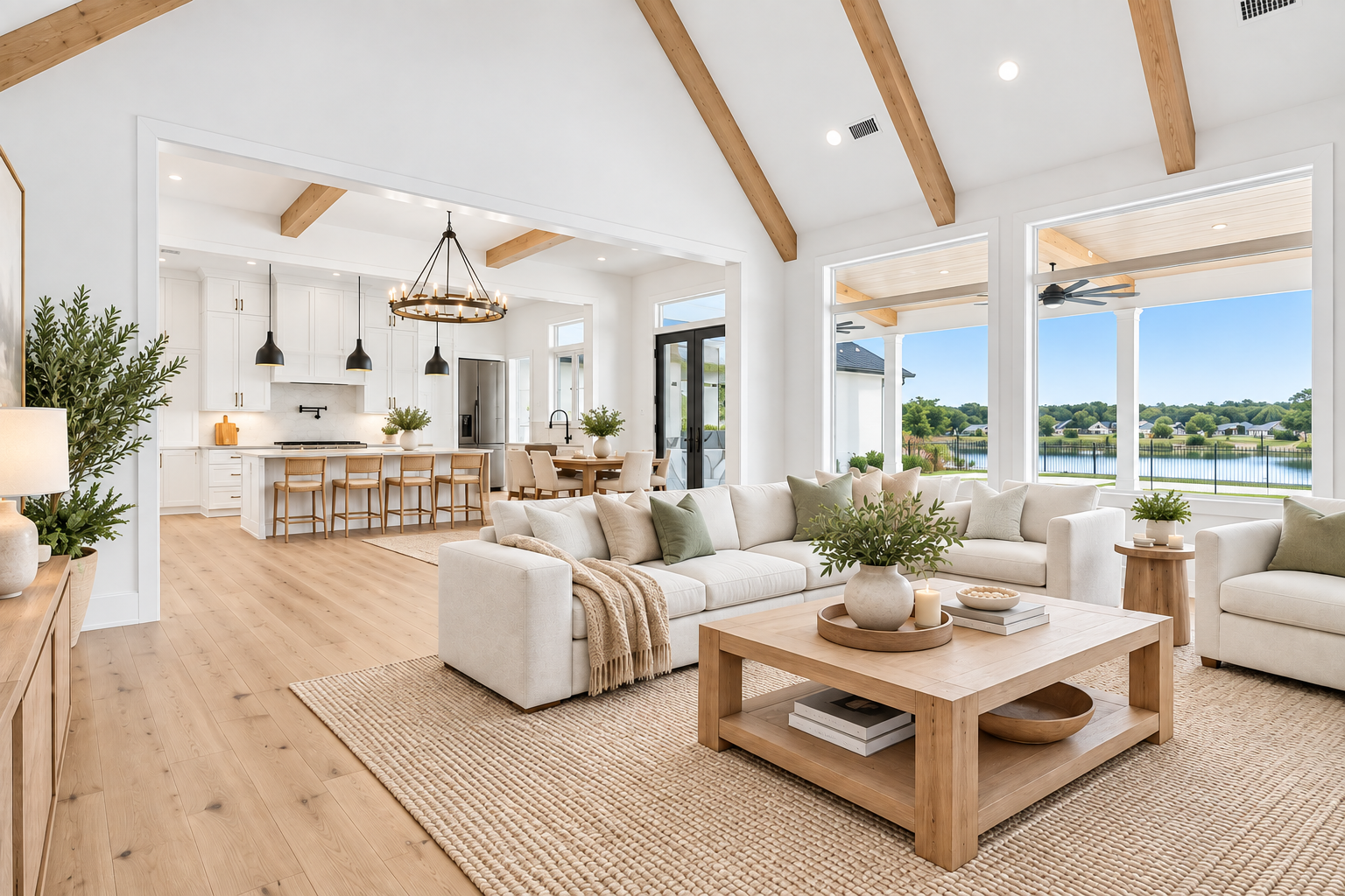 Open living room with vaulted wood-beam ceiling and water views
